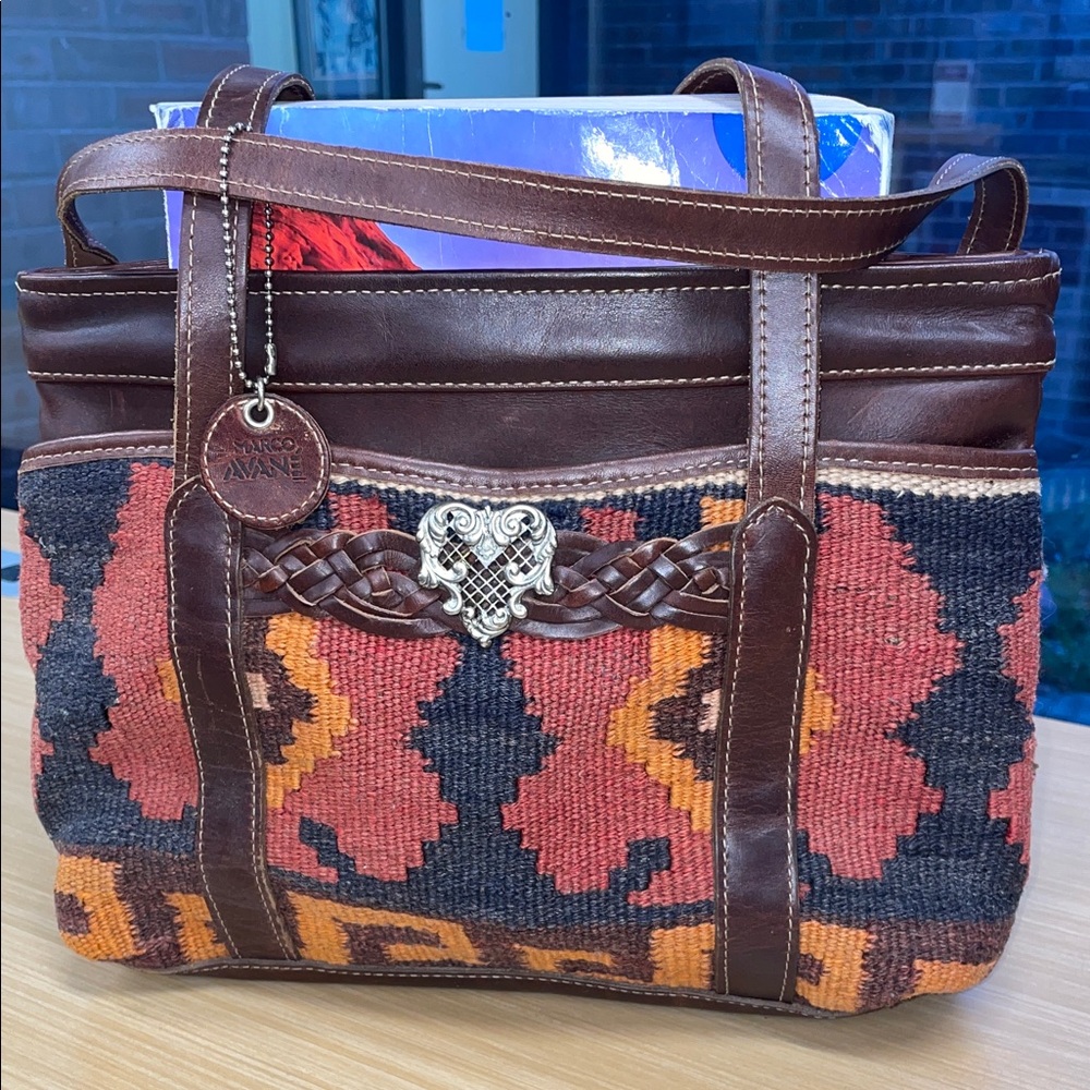 Marco Avane Brown & Copper Patterned Shoulder Bag w/Dark Brown Leather Straps